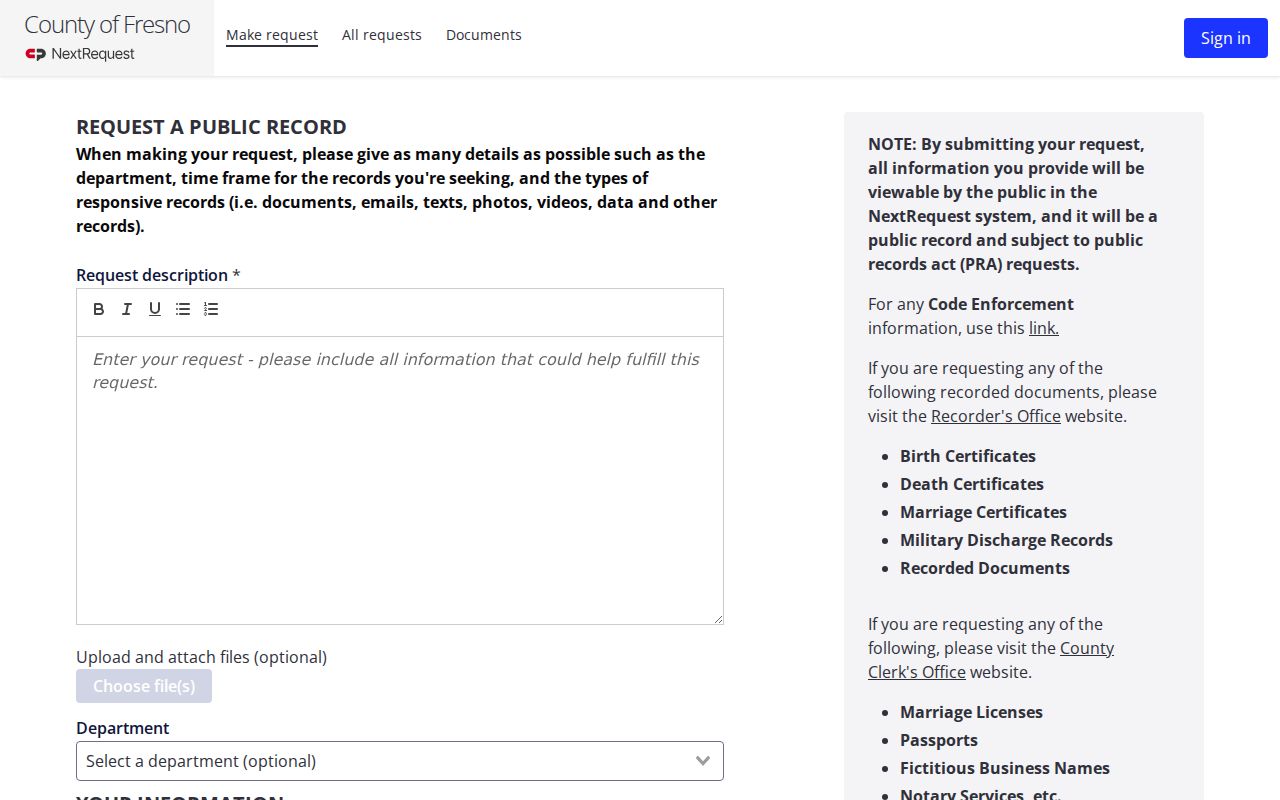 Clovis public records Fresno County NextRequest form